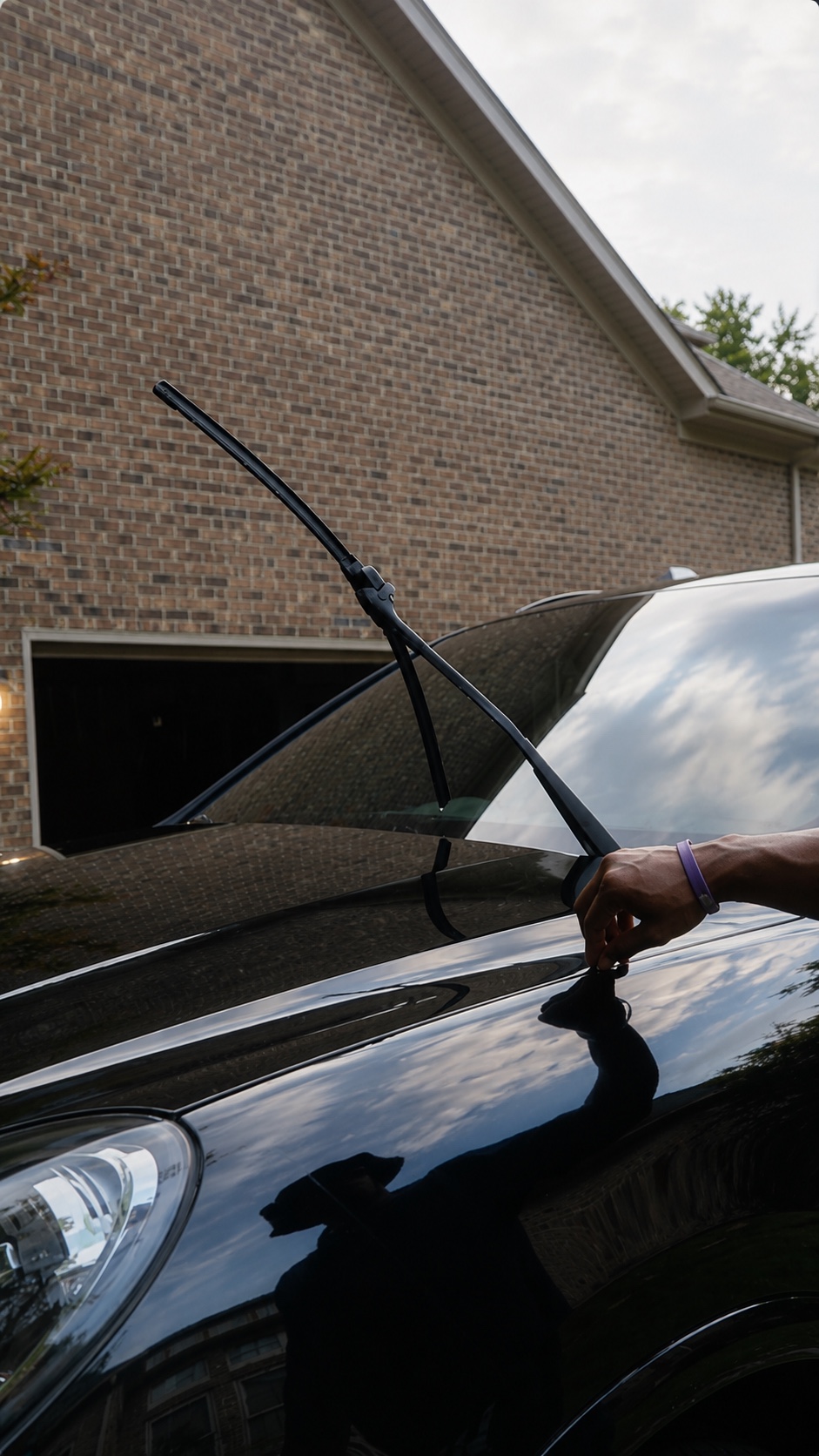 A detailer lifting a windshield wiper to clean the glossy black hood beneath